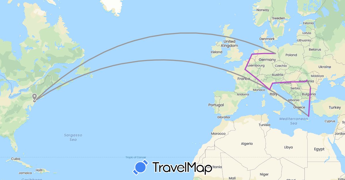 TravelMap itinerary: plane, train in Germany, France, Greece, Italy, Netherlands, Romania, United States (Europe, North America)